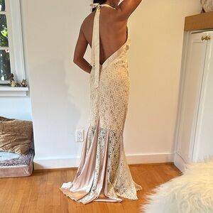 Couture Backless Lace Halter Evening Dress in Champagne Lace